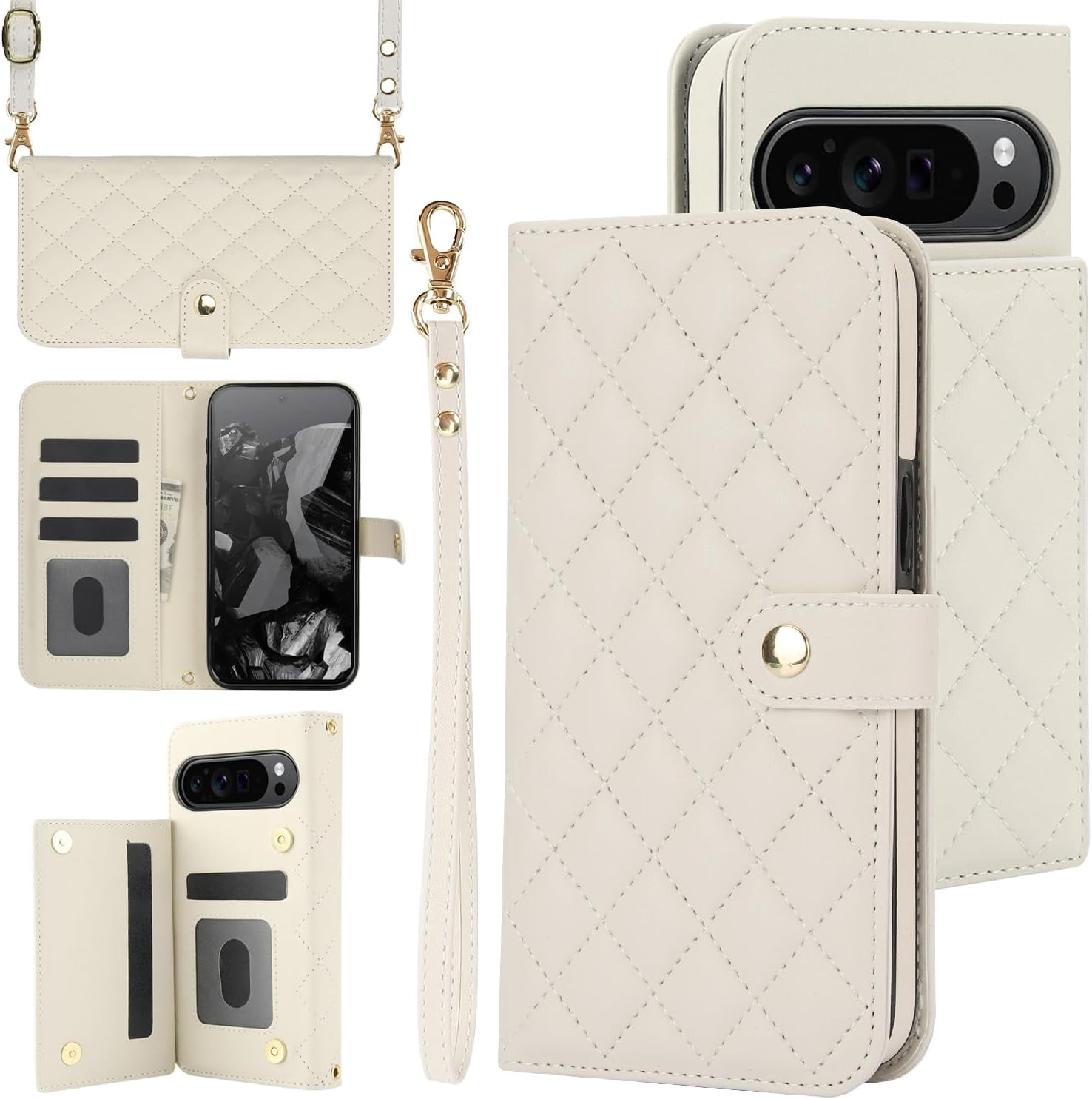 MYKOMI Phone Case for Google Pixel 9/Pixel 9 Pro, PU Leather Wallet Case with Card Holder Wrist Strap Kickstand Shockproof Protective Cover Case