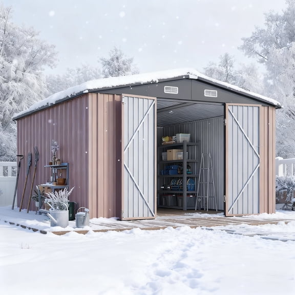 Clouddwell 10 x 12FT Shed Outdoor Storage Shed with Double Hinged Large Door, Large Metal Shed with Lockable Door & Sloped Roof for Garden, Patio and Backyard, Brown