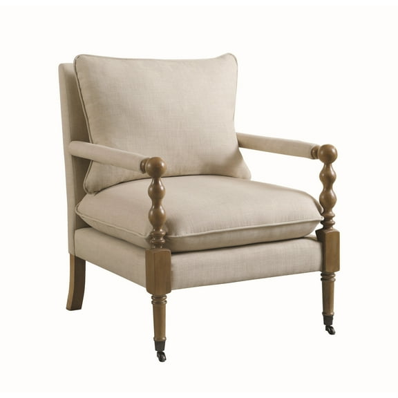 Fabric Upholstered Wooden Accent Chair with Manchette Armrest, Beige and Brown