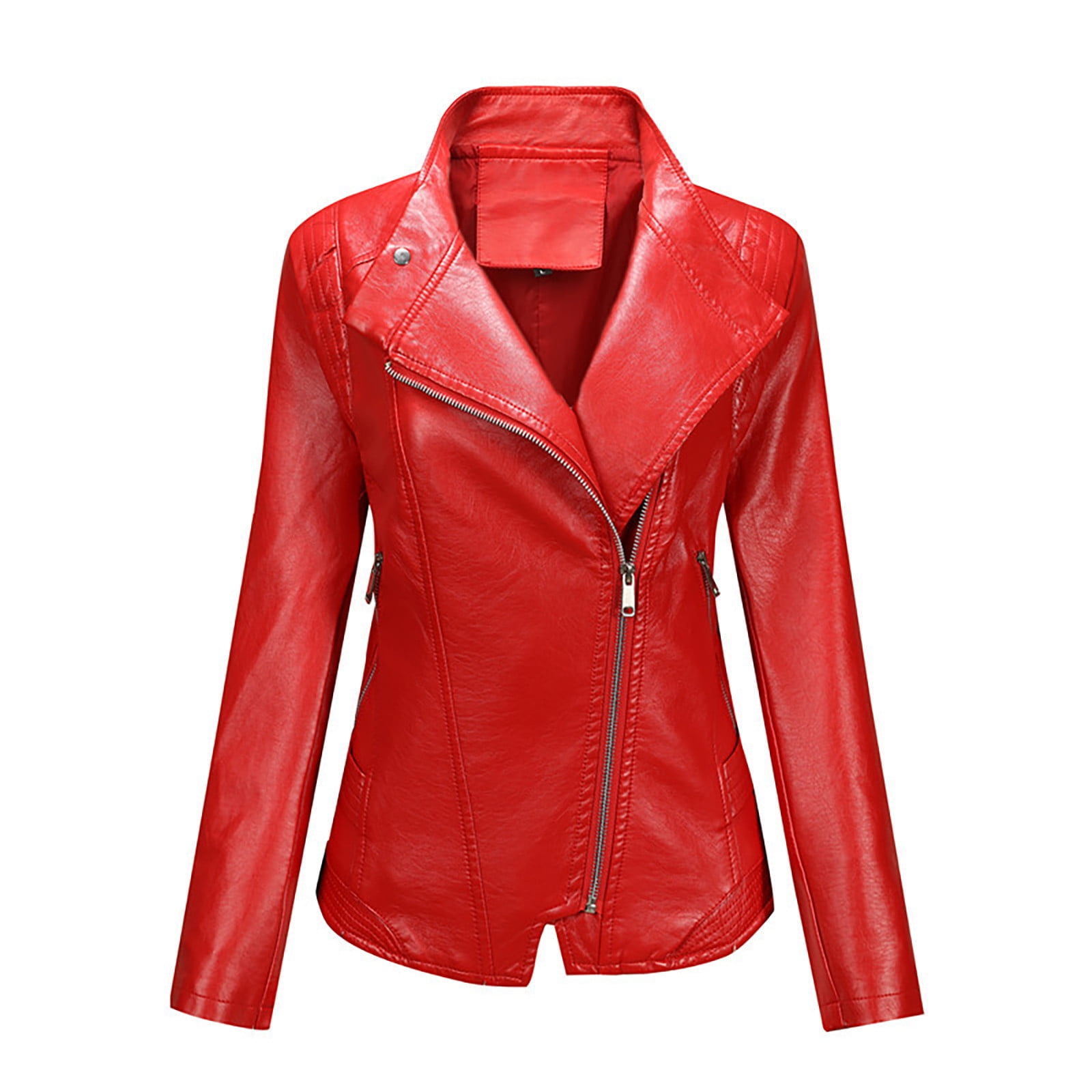 Ladies Lapel Zip Up Faux Leather Motorcycle Jacket Slim Fit Moto Biker ...