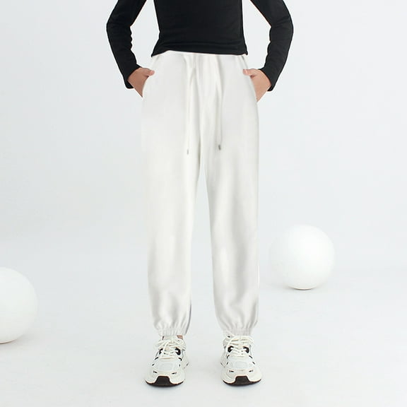 CUZIBR Unisex Boys Girls Pants Elastic Waist Wide Leg Ankle-Tied Jogger Fuzzy Thick Lined Winter Warm Sweatpants With Pockets Toddler Casual Solid Trousers,White,4-5 Years