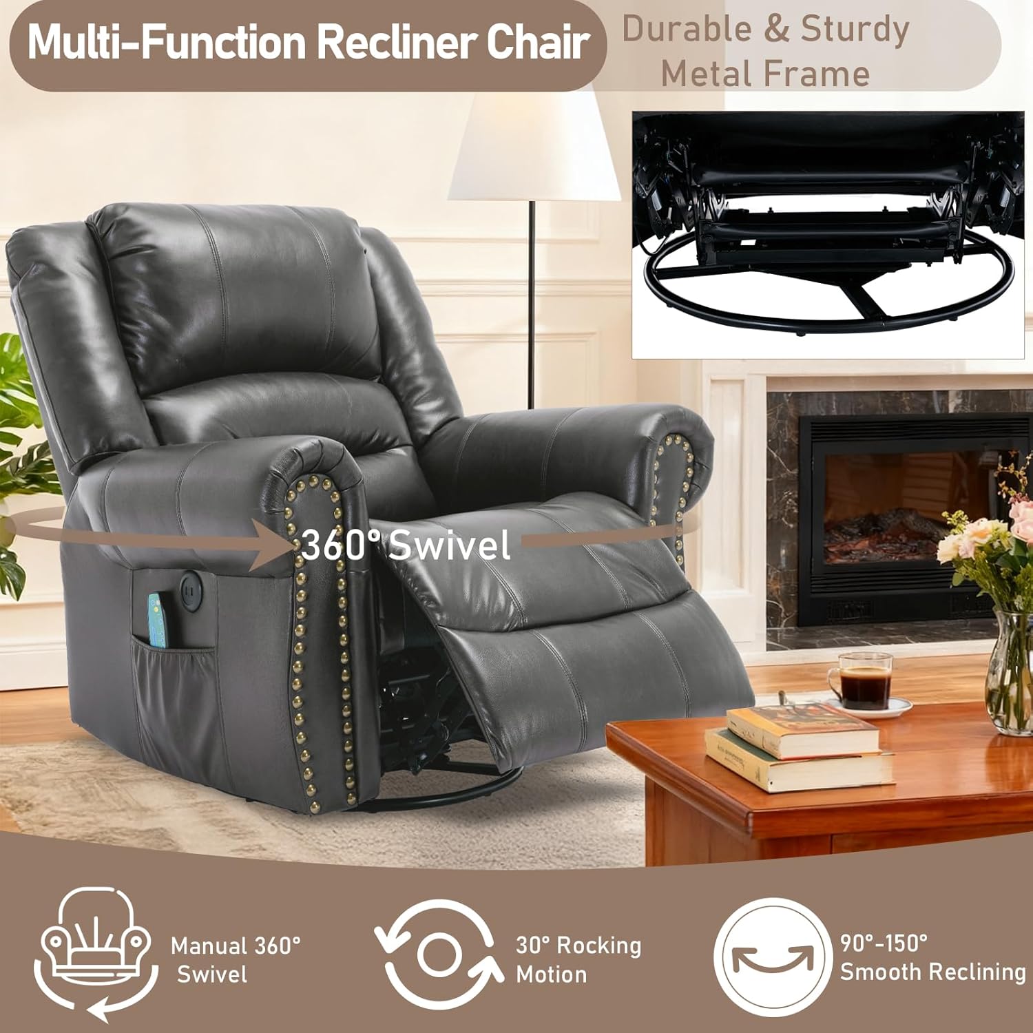 EPICOZY Manual Massage Swivel Rocker Recliner with Heat and Vibration, 360° Swivel Glider Rocking Recliner Chair, Classic Living Room Lounge Recliners with Side Pockets & USB Ports, Grey