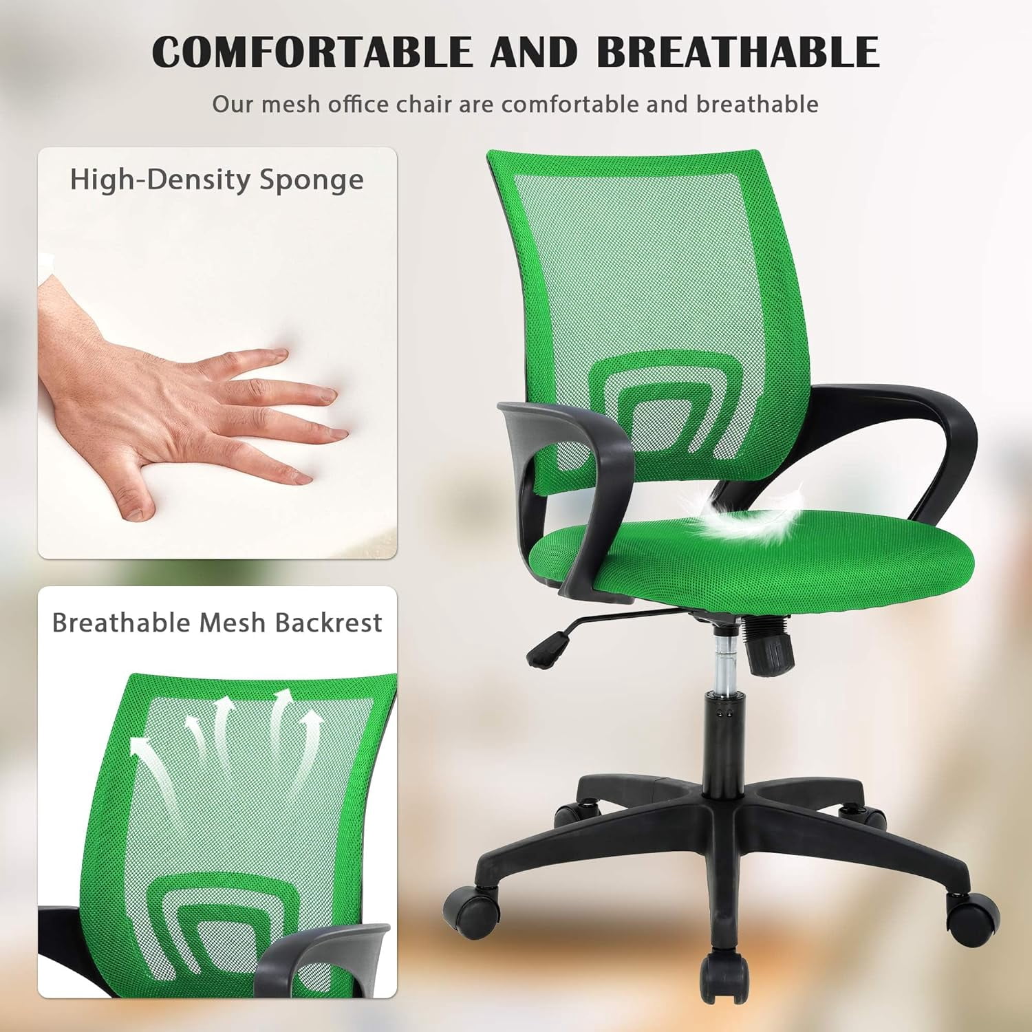 Dkelincs Ergonomic Office Chair Mesh Adjustable Computer Desk Chair with Lumbar Support for Home Office, Green
