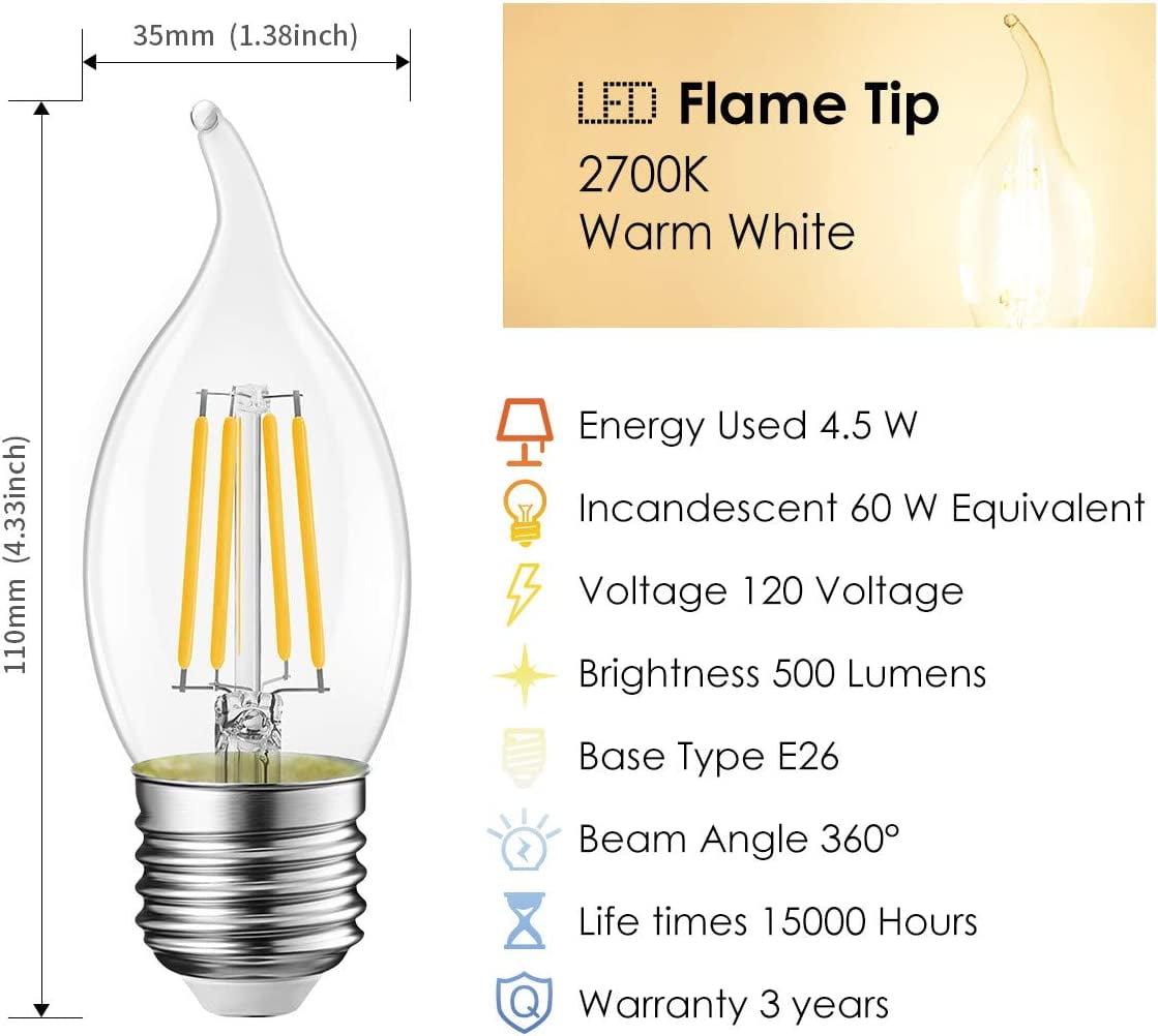FEFEFW-Flame Tip LED Filament Bulb Candelabra E26 Base Dimmable 4.5W (60W Equivalent) B11 Chandelier Candle Light Bulb2700K Warm White 6-Pack