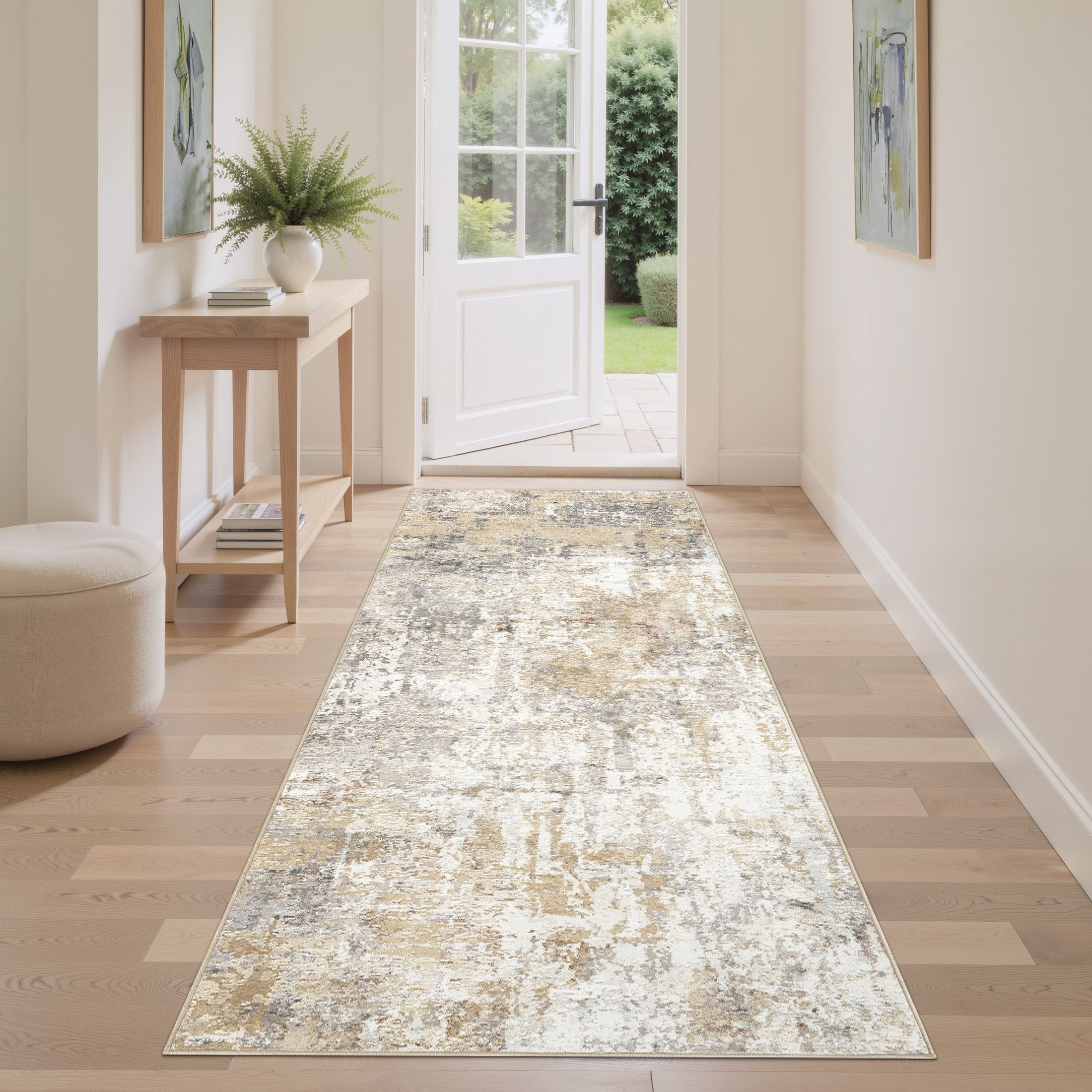 UERMEI 3'x8' Runner Rugs Non Slip, Washable Indoor Rug for Hallway Kitchen Entryway Doormats, Modern Abstract Bedroom Home Decor Carpets, Grey Gold