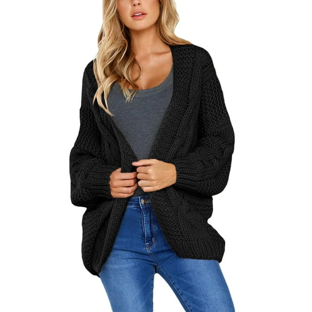 Aleumdr Women's Cable Knitted Cardigan Winter Warm Black Batwing Sleeve ...