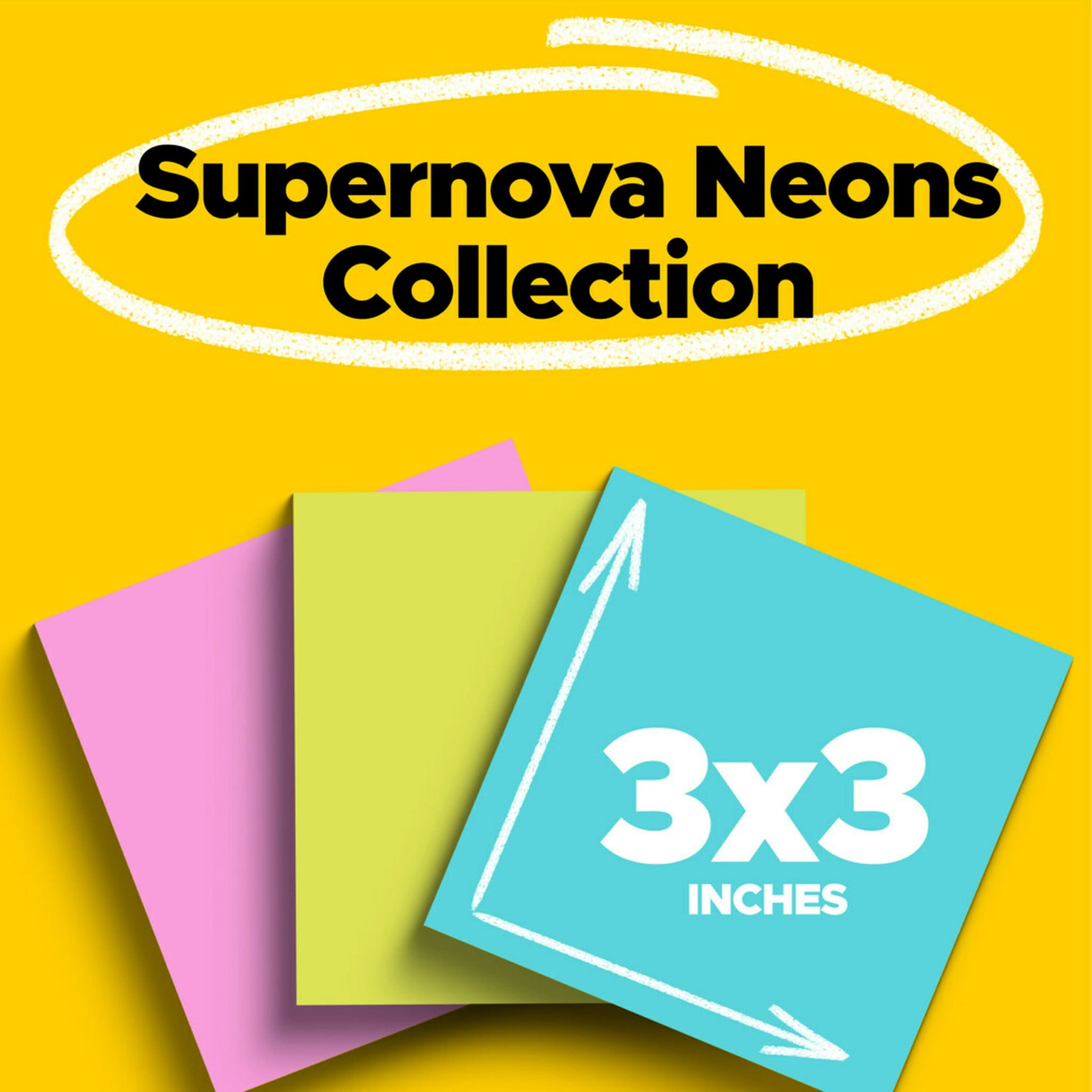 (3 pack) Post-it Super Sticky Notes, 3 in. x 3 in., Supernova Neons Collection, 3 Pads