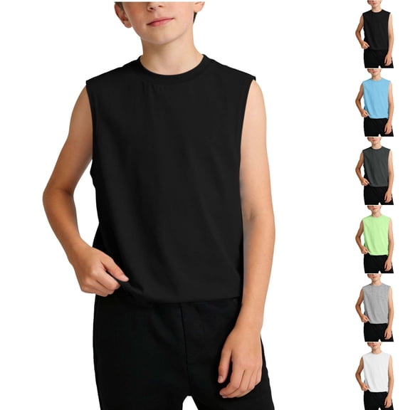 SGFCWSX Boys Sleeveless Shirts, Kids Cotton Soft Comfortable Summer Casual Daily Athletic Basic Tops Black Size 9-10 Years