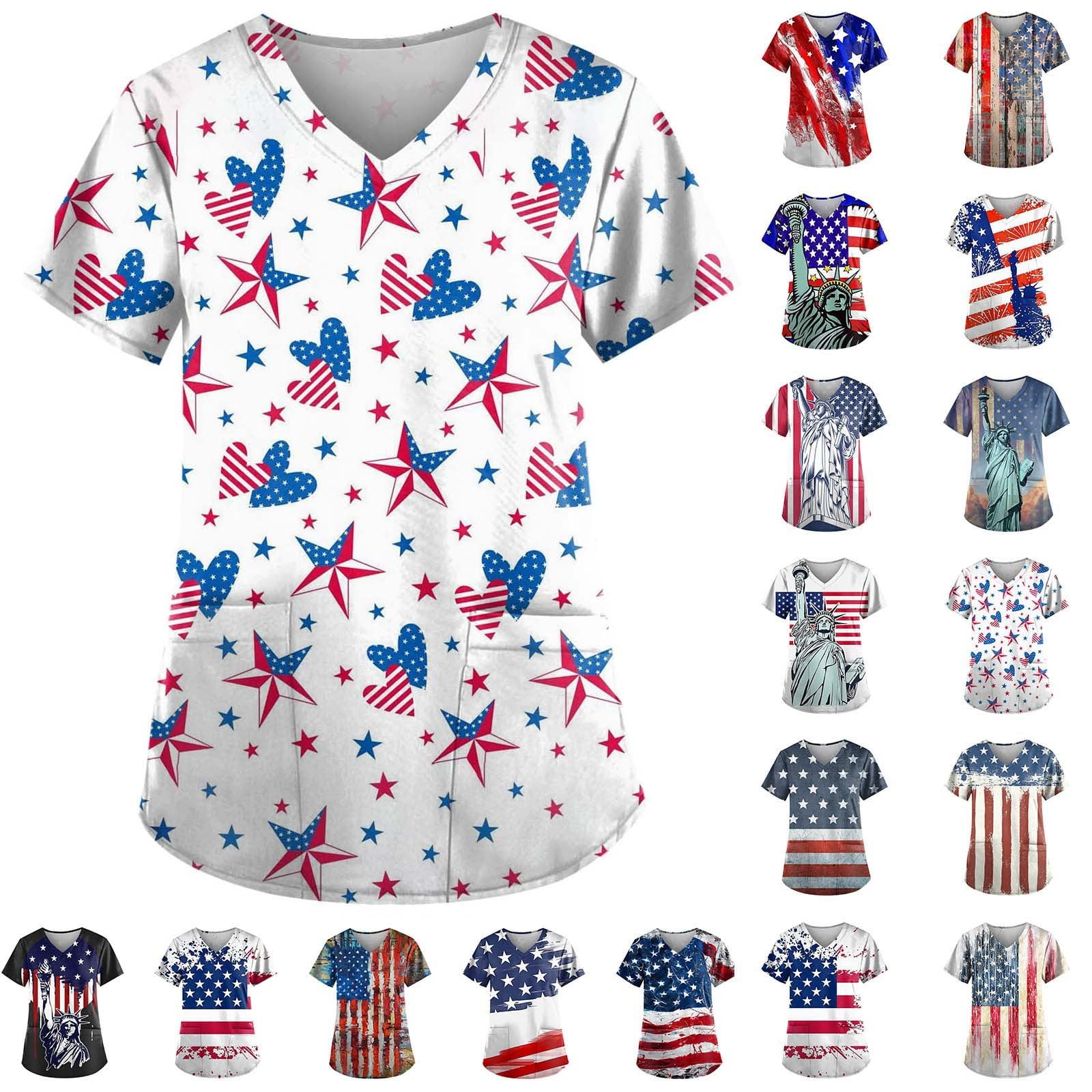 MIANHT 4th of July Patriotic Scrub Tops for Womens V-Neck Short Sleeve ...