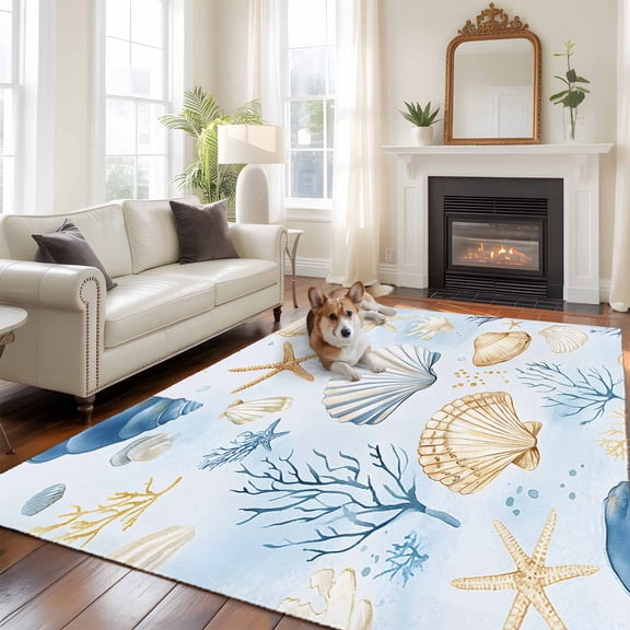 5'x8' Area Rugs, Coastal Indoor Outdoor Area Rug for Living Room Bedroom, Summer Nautical Beach Shell Starfish Coral Washable Bathroom Rugs Kitchen Floor Carpet Mats Home Decor Aesthetic