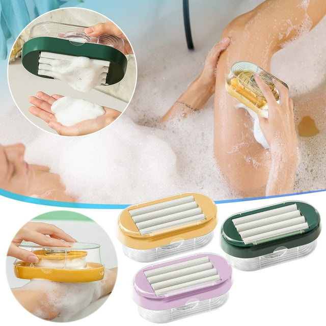 Caja multifuncional de espuma para jabón con cepillo rodillo • Rodillo endurecido con PP para espuma rica • Tamaño universal de jabón • Base drenable • Tapa transparente