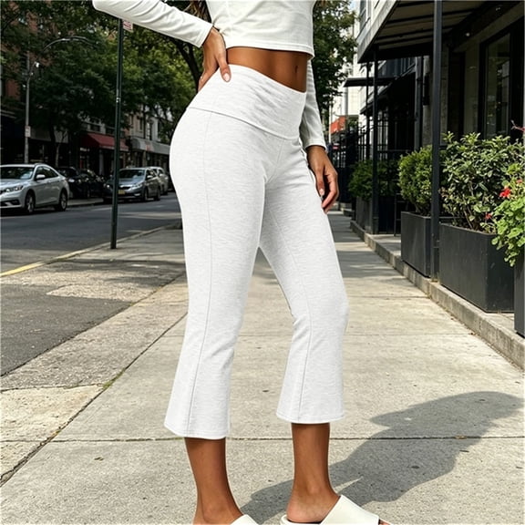 MHOSTAFH Women's Flared Yoga Capris Skinny Elastic Low Waist Cropped Gym Workout Bell Bottom Slim Fit Sports Capri Pant