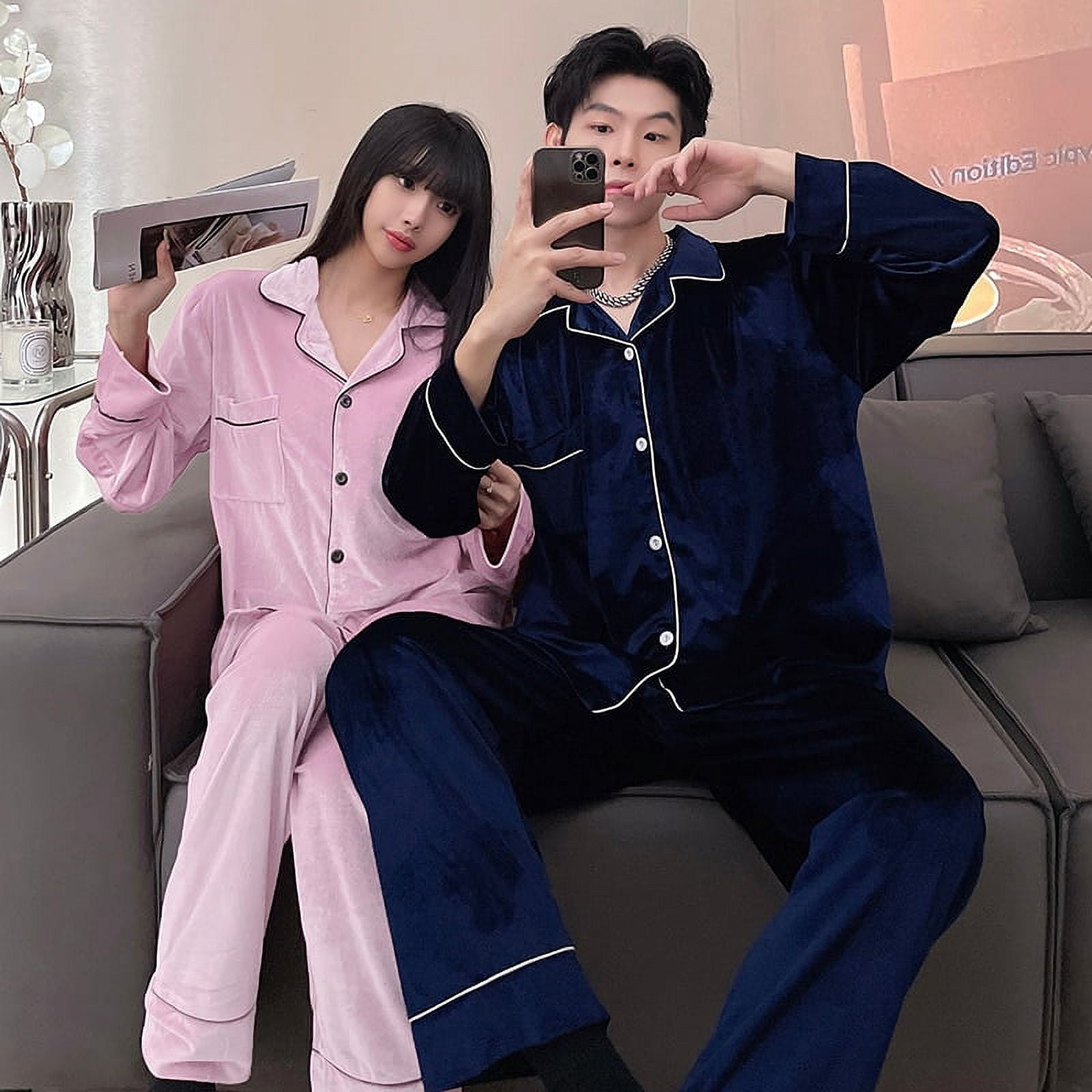 DanceeMangoo Autumn Winter Flannel Mens Pajamas Set Solid Warm Golden  Velvet Women Sleepwear Couple Pajama Sets Sleepu0026Lounge Home Clothes