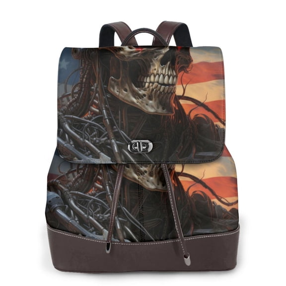 Gaeub Cyberpunk Skull American Flag Print Women's Leather Backpack,Travel Laptop Backpack,Fashion Ladies Leather Backpack Bag for Travel,Leather Drawstring Daypack for Me