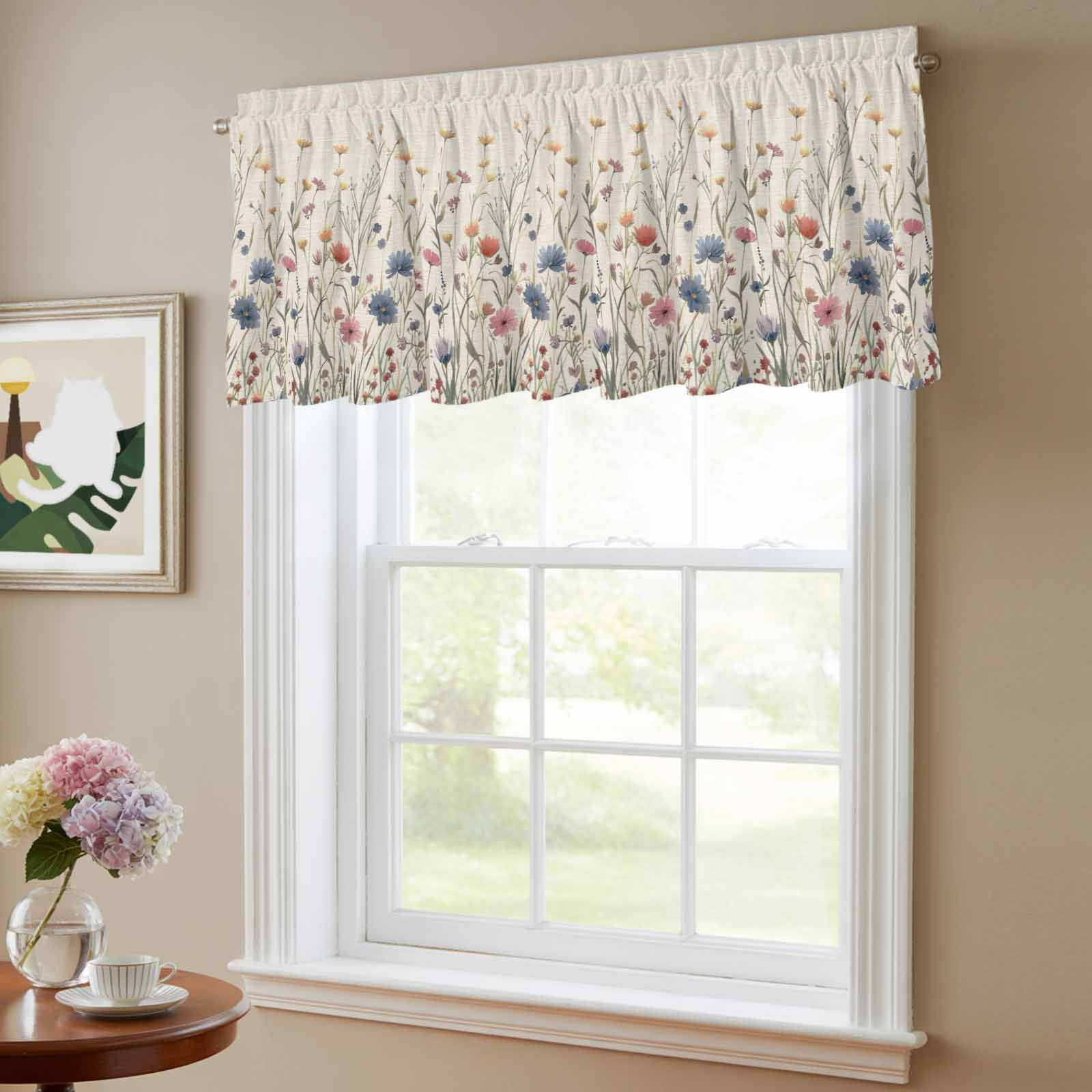 2 Pack Floral Valance for Window Watercolor Leaves Colorful Daisy Linen Background Kitchen Valance Rod Pocket Short Curtain Topper Decorative Window Treatment for Living Room Bedroom 54"x18"
