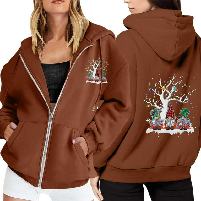 WILLBEST Sudadera Deportiva para Mujer Ladies' Christmas Printed Zipper Long Sleeved Pocket Adjuststring Casual Hooded Sweatshirt 1738 Grande