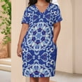 thumbnail image 3 of Blue White Floral Mandala Pattern Women's Loose Short Sleeve Dress Casual Summer Plus Size Long Dresses with Pockets, 3 of 5