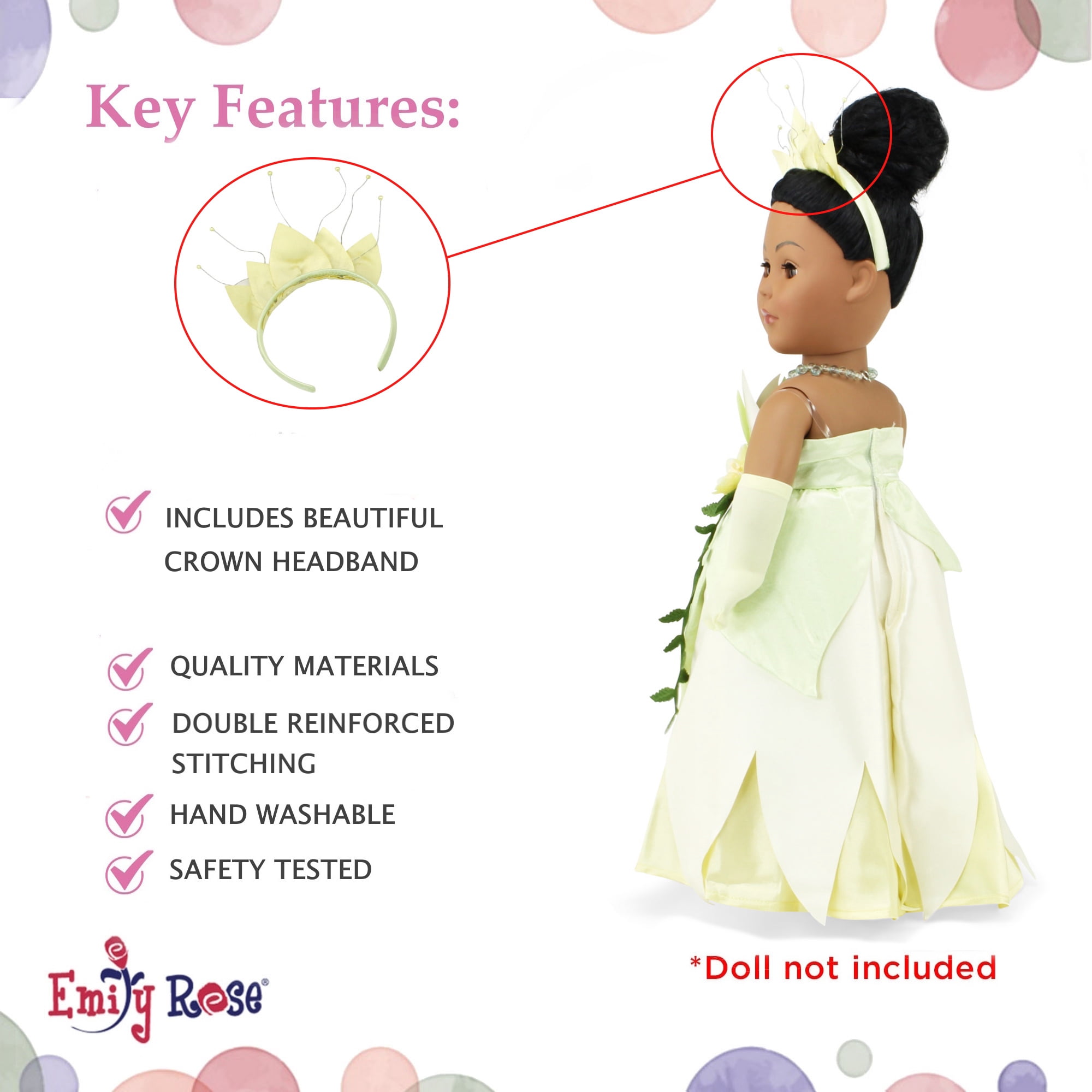 Emily Rose 18 Inch Doll Clothes | 18" Doll 5-Piece Princess Tiana-Inspired Dress Costume with Crown, Necklace, Gloves and Matching Doll Shoes | Compatible with American Girl and Similar Dolls