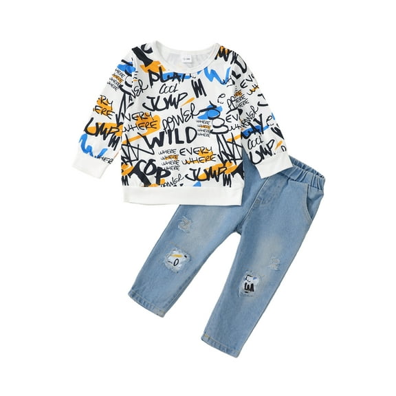Kucnuzki Newborn Baby Boys Pant Sets 9-12 Months Fall Winter Outfits Long Sleeves Sweatshirt Top Letter Print Top Ripped Denim Pants 2pcs Sets White