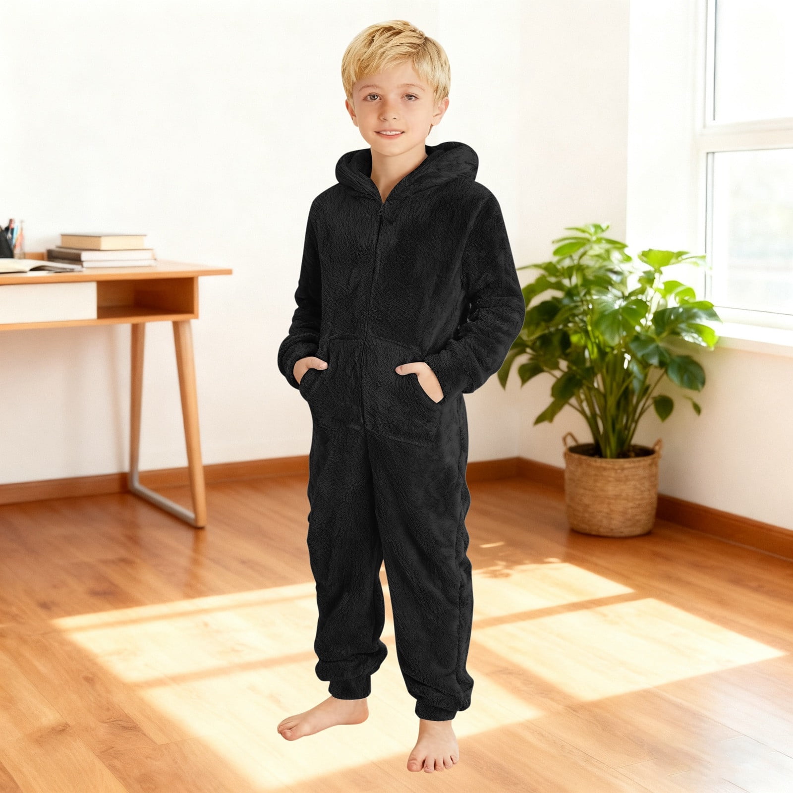 Letdown Flannel Onesie Pajamas for Boys Girls Furry Pj Jumpsuits Warm Rompers One Piece Sleepwear Long Sleeve Hooded Winter Solid Rompers