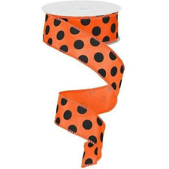 Polka Dot Wired Edge Ribbon - 10 Yards Orange, Black, 1.5"