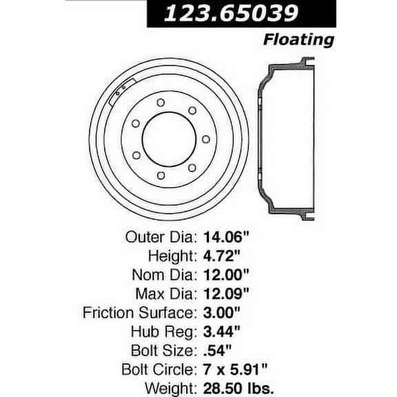 Centric C-Tek Brake Drum, #123-65039 Fits select: 1999-2003 FORD F150, 1997-1999 FORD F250