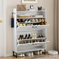 thumbnail image 4 of Shoe Cabinet with 2 Flip Drawers, 45" Freestanding Narrow Wood Shoe Storage Cabinet with Metal Legs and Hooks, Slim Shoe Rack Organizer for Entryway, Hallway, White, 4 of 16