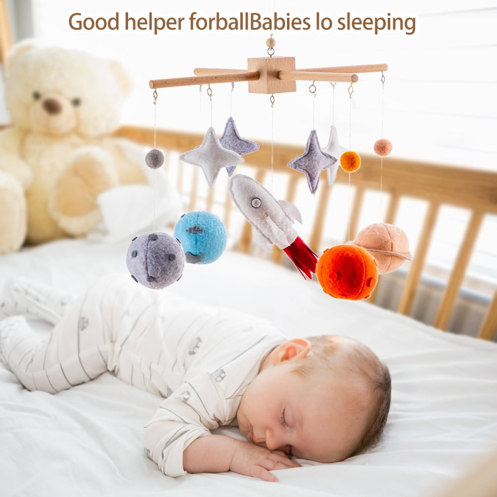 Planet Crib Bell – Baby Bed Hanging Wind Chime with Stars & Rocket Pendants, Wooden Rotating Swaying Bell for Newborn Infant Sensory & Nursery Room Decoration