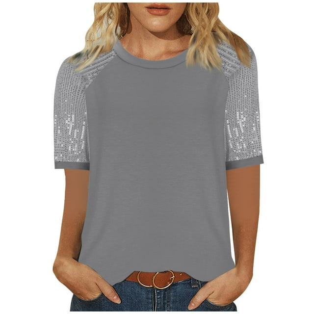 Puntoco Blusas cortas de liquidación para mujer, blusas de moda para mujer, blusas casuales lisas de manga corta con cuello redondo