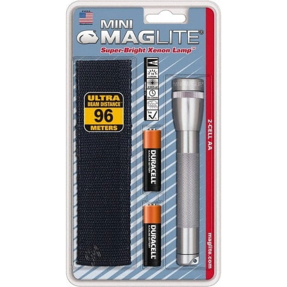 Mag-Lite Krypton Bulb, 14 Lumens, Mini Flashlight Gray Aluminum Body, 2 AA Alkaline Batteries Included