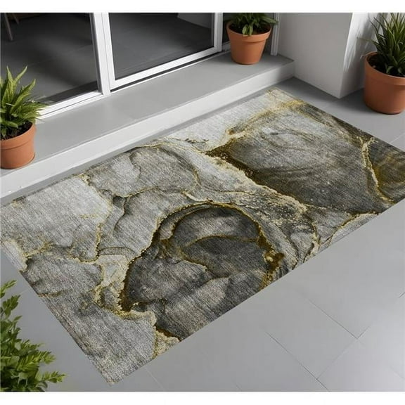 HomeRoots 560612 3 x 5 ft. Gray & Gold Abstract Washable Non Skid Indoor Outdoor Rectangle Machine Woven Area Rug
