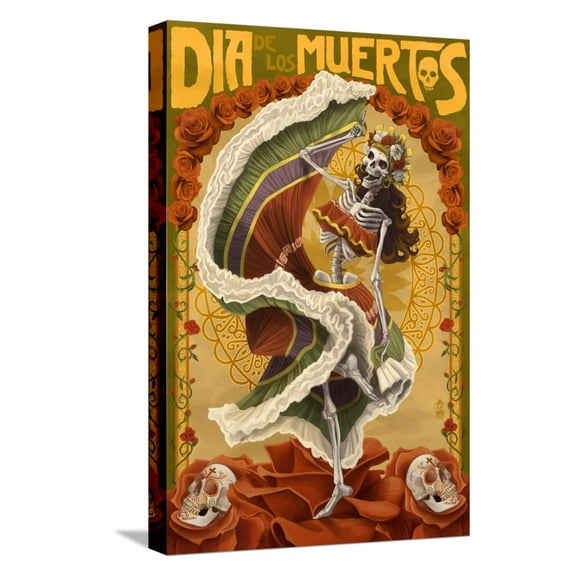 Art.com Day of the Dead - Skeleton Dancing Stretched Canvas Print Wall Art by Lantern Press, 12" x 18"