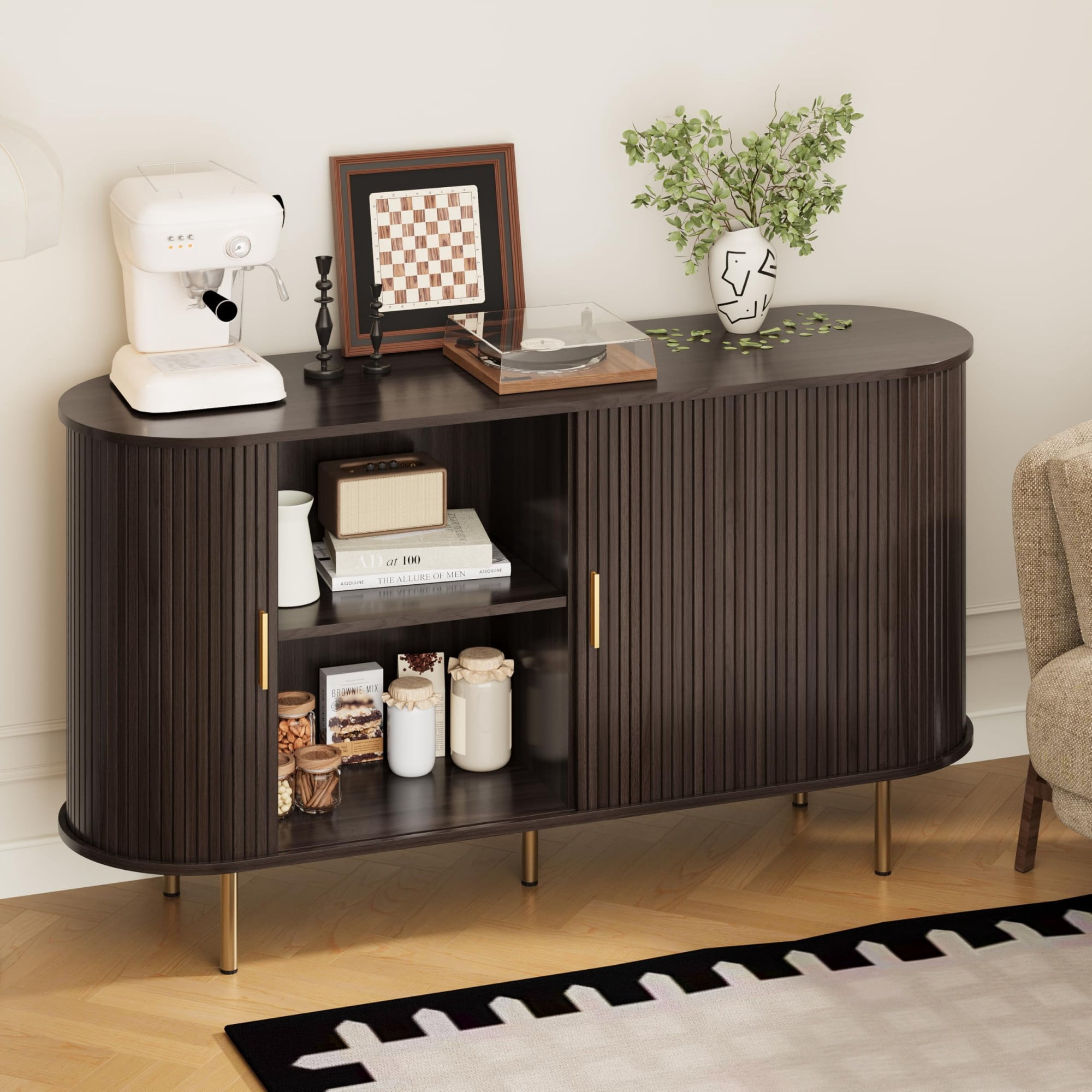 Mid Century Modern Sideboard Buffet Cabinet, 55 Inch Fluted Coffee Bar Console with Tambour Sliding Doors, Black
