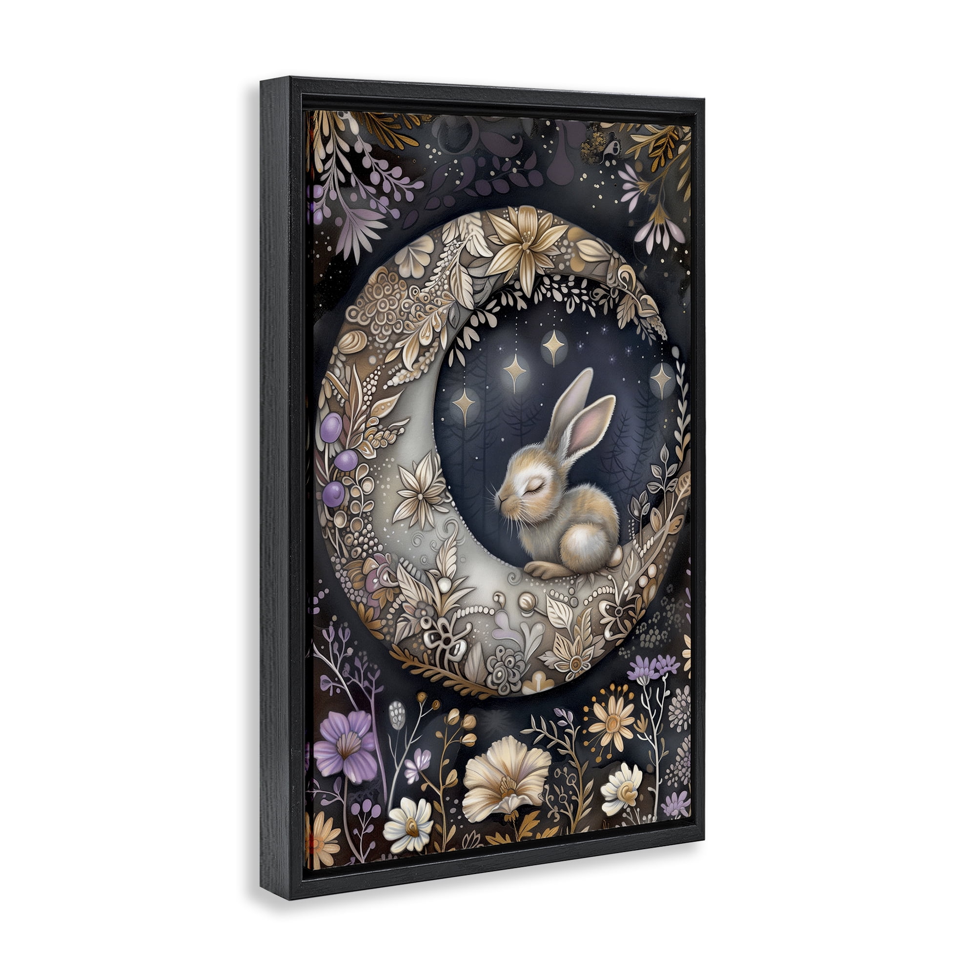 Stupell Industries Rabbit Sleeping on Moon Animals & Insects Painting Black Floater Framed Art Print Wall Art, 17 x 25