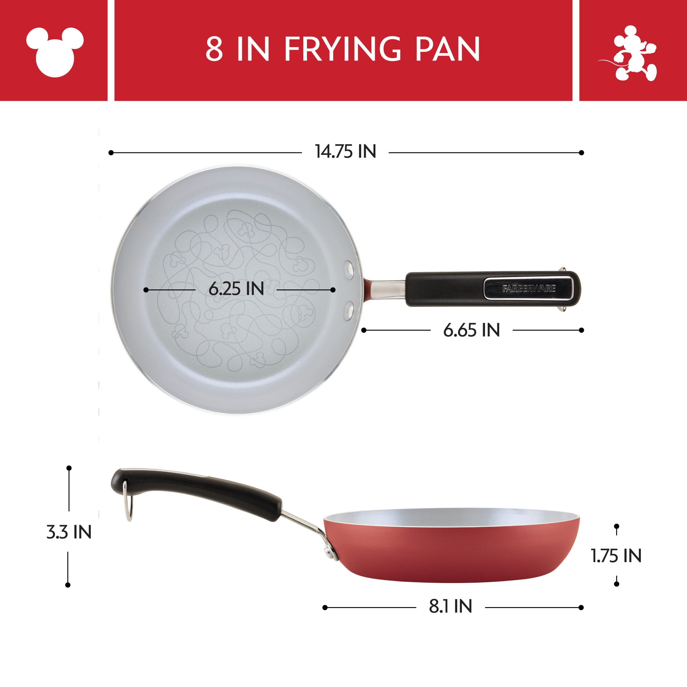 Farberware Disney Bon Voyage 8 Inch Ceramic Nonstick Frying Pan, Dishwasher Safe, Red