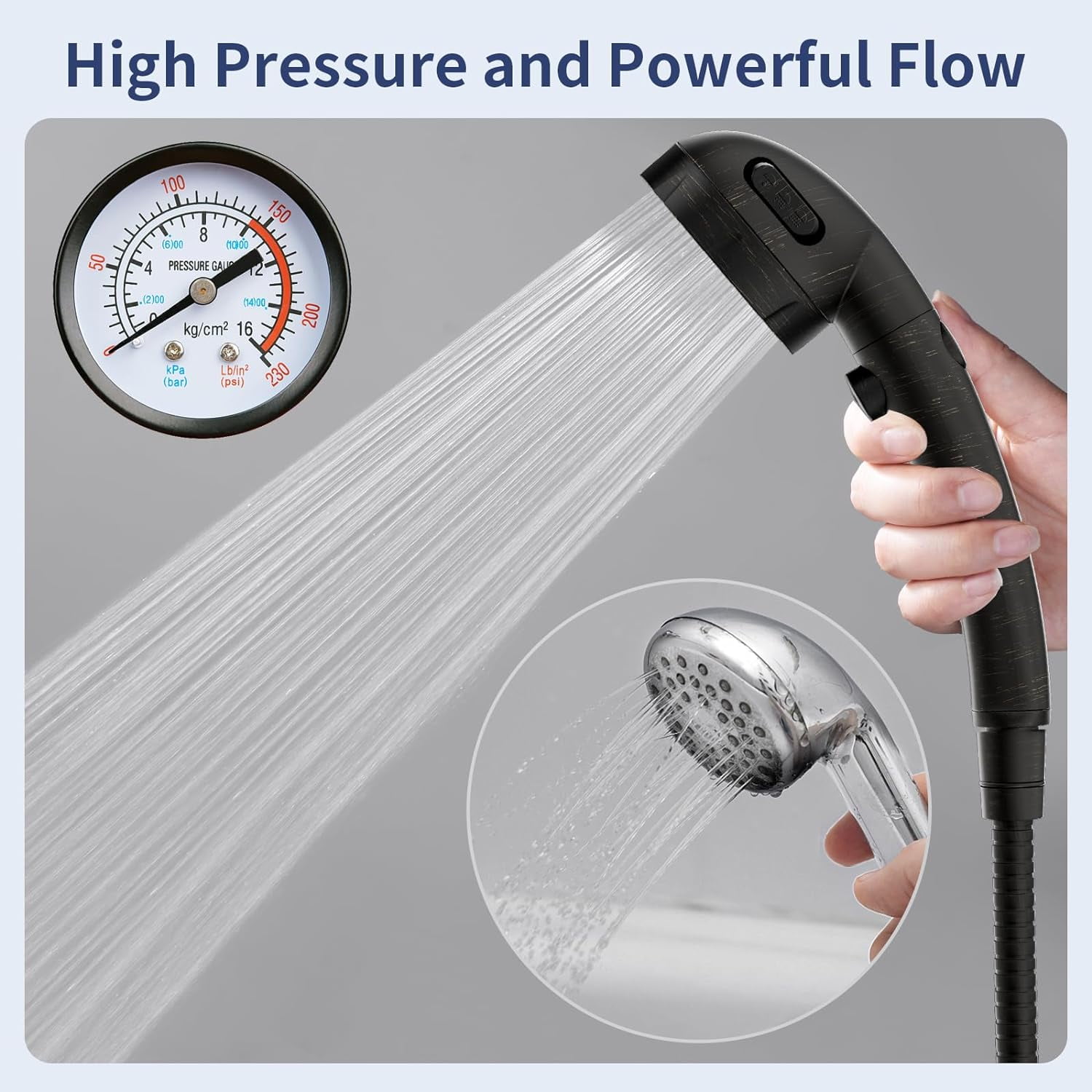 High Pressure Shower Head with Pause Button, 3 Spray Modes Shower Head for RV Camper, Water Saving On Off Shower, Handheld Shower Head with Hose and Holder (Oil-Rubbed Bronze)