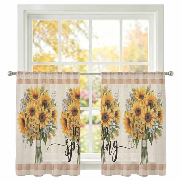 Hello Spring Sheer Curtains 45 inches Long, Yellow Sunflowers Beige Texture Light Filtering Sheer Window Curtains Rod Pocket Voile Drapes for Bedroom Living Room, 2 Panels