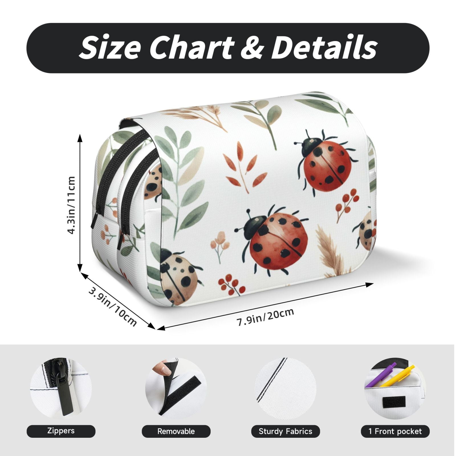 Rateoe Watercolor Ladybug Pattern Double Clamshell Pen Case, Storage Organizer with Two Zipper Compartments– Holds Up to 50 Pencils & Pens