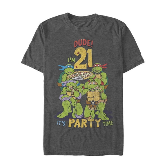 Men's Teenage Mutant Ninja Turtles 21st Birthday Pizza Party Graphic Tee Charcoal Heather 3X Large