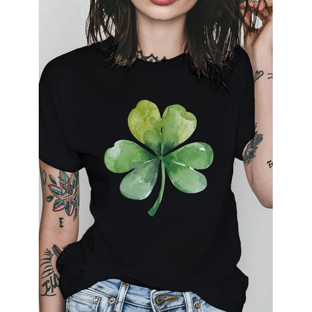 Camiseta de cuello redondo con estampado de trébol, informal, de manga corta para primavera y verano, ideal para adultos, hombres, mujeres, adolescentes, jóvenes y para el tiempo libre.