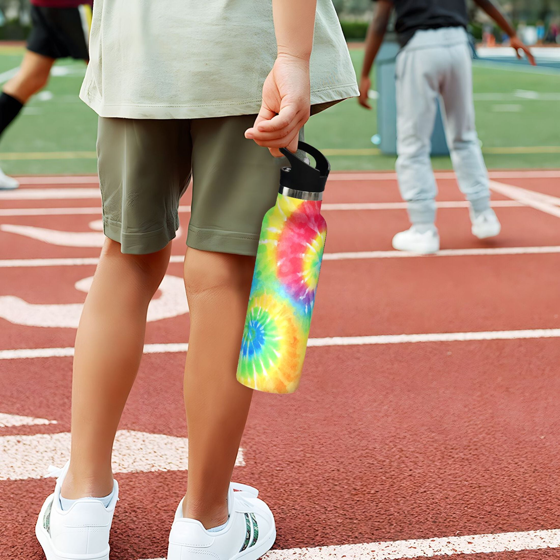 Kids Insulated Stainless Steel Sports Water Bottle 600ml (20oz) Tie-dyed Colorful Spiral Pattern