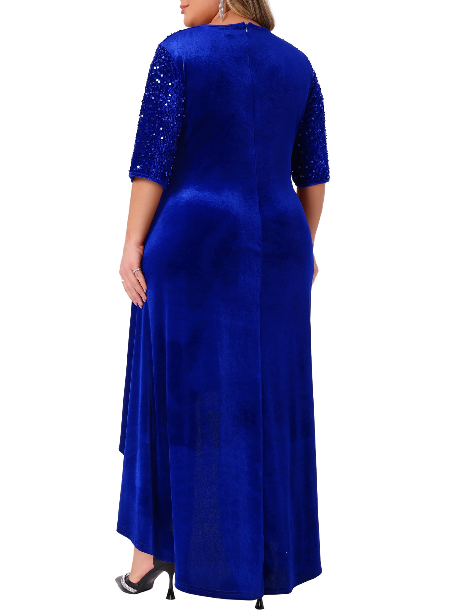 DARING DIVA Plus Size Velvet V Neck Sequin Sleeve High Low Hem Dress 3X Royal blue