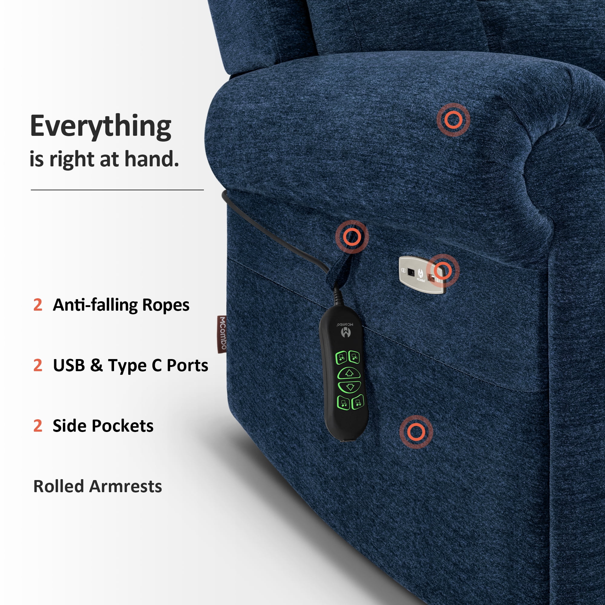 MCombo Dual Motor Power Lift Recliner Chair with Massage and Dual Heating for Senior, Fabric 7888 (Navy Blue, Medium)