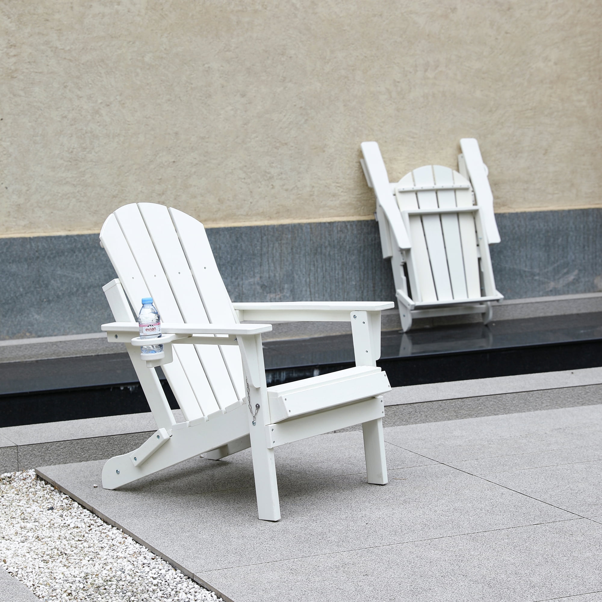 Set of 2 HDPE Folding Adirondack Chair with Cup Holder, Composite Wood Texture Outdoor Chair for Patio, Garden, Poolside, Deck, Backyard, White