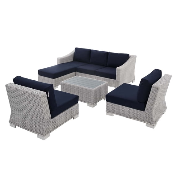 Lounge Sectional Sofa Chair Table Set, Rattan, Wicker, Light Grey Gray Blue Navy, Modern Contemporary Urban Design, Outdoor Patio Balcony Cafe Bistro Garden Furniture Hotel Hospitality