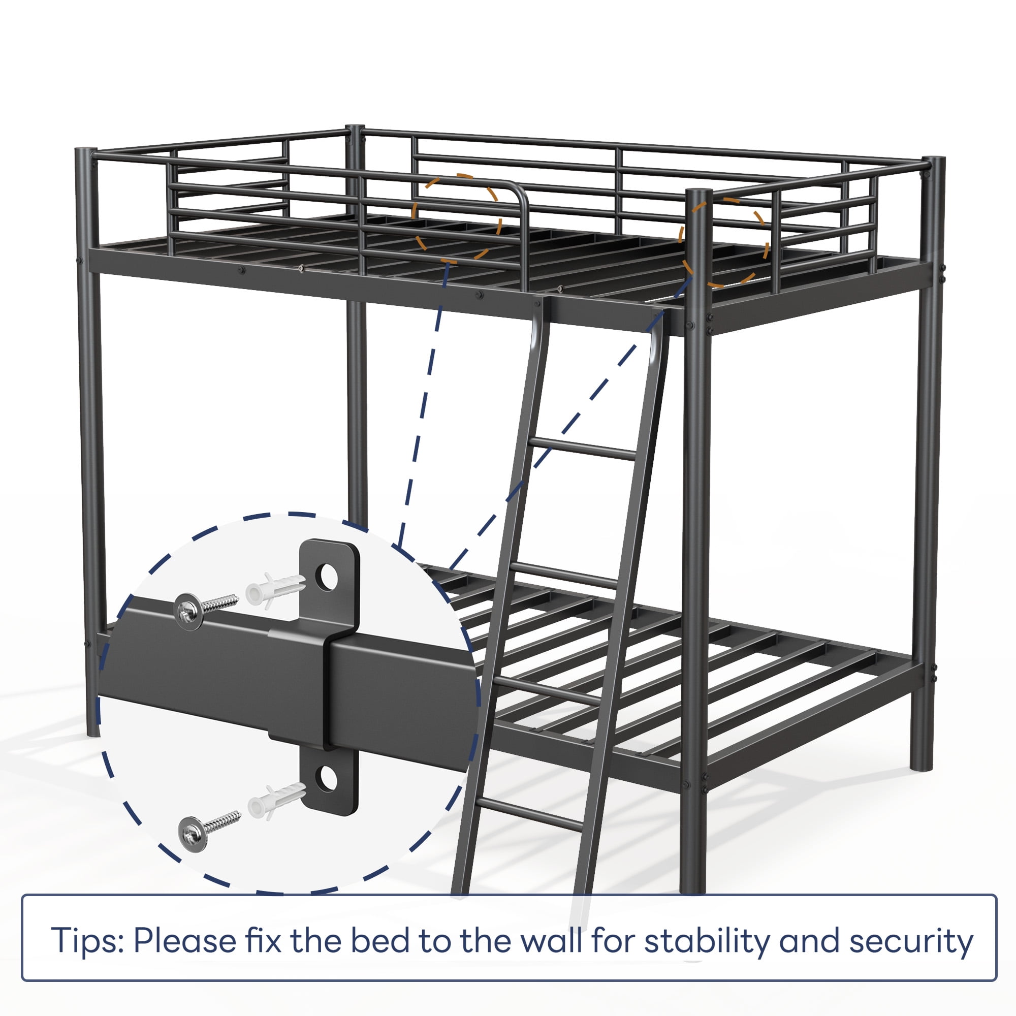 Metal Bunk Bed, Twin Bunk Bed, Twin Over Twin&nbsp;Platform Bed with Guardrails, Sturdy Construction No Box Spring Required, for Kids Children Room, Black, 75 Inch