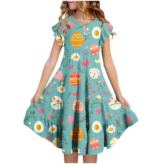 Riecok Summer Short - Sleeved Ruffled Round - Neck Easter - Printed Waist - Cinched Pocketed Tiered Dress for Girls Aged 6 - 15 Multicolor 14-15 Years