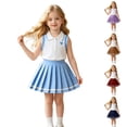 thumbnail image 6 of SGMVNU Little Girls 2 Piece Outfit Button up Sleeveless Tank Top with Pleated Skirt Set Back to School Summer Clothes, Size 4-5 Years, Blue, 6 of 6