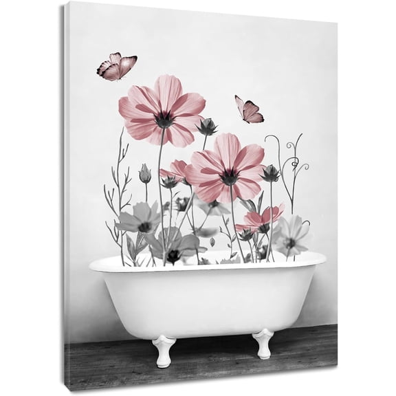 Pink Floral Wall Art for Living Room,Pink and Grey Flower and Butterfly in Bathtub on Rustic Wood Canvas Wall Art Country Wildflower Framed Wall Art for Bathroom Bedroom Decor,16L X 12W inches