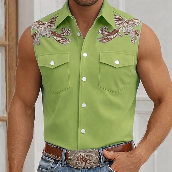 Shirts for Men Western Cowboy Print Geometric Sleeveless Casual Button Up Top Summer with Double Pockets Breathable Green Shirt